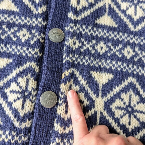 Vintage Norway Design Handknit Blue White Fair Isle Moose Wool Cardigan Sweater - Picture 6 of 10